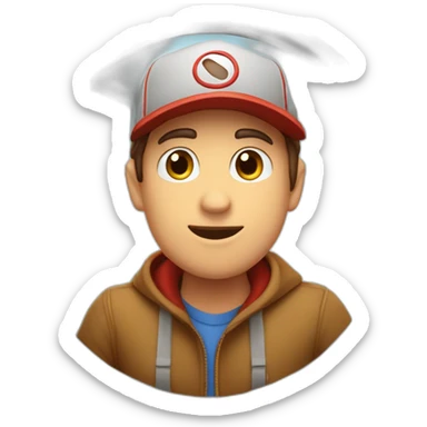 Guy with brown hair and short, eyes with a cap that is behind a circle window that try to exit with a hand on the top of cornice sticker