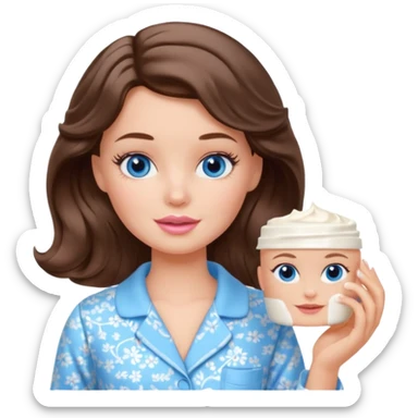 Barbie girl with makeup, blue eyes , and bob long haircut wavy, short brown hair in creamy color pajamas, face cream in hand sticker