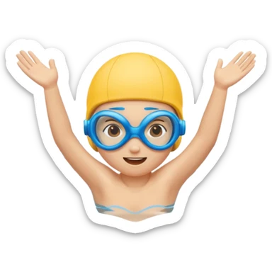Cute emoji of a swimmer diving into a pool, rounded shapes, friendly style, bright blue water, minimal facial details. sticker