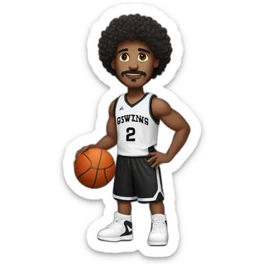 black basketball player with moustache curly hair and headband wearing black and white jersey holding the book sticker