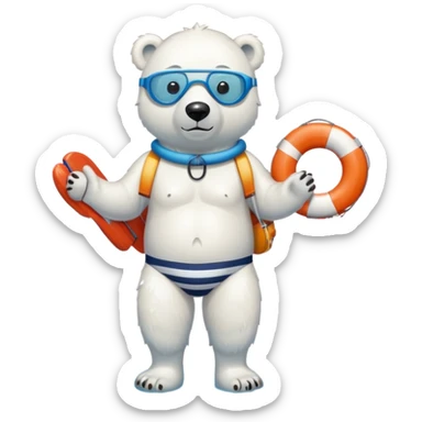 full body friendly anthropomorphised polar bear wearing striped swim shorts and swim goggles, standing in a puddle and holding a life buoy sticker