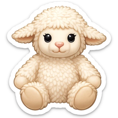 Create an emoji style illustration of this exact lamb stuffed animal. Capture its fluffy texture, big black eyes with lashes, and soft cream color. The lamb should be in a sitting pose with no background. The style should resemble emoji style illustration. sticker