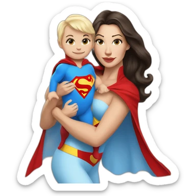 mother white skin brunette dressed as Superman with a cape holding a blondbaby sticker