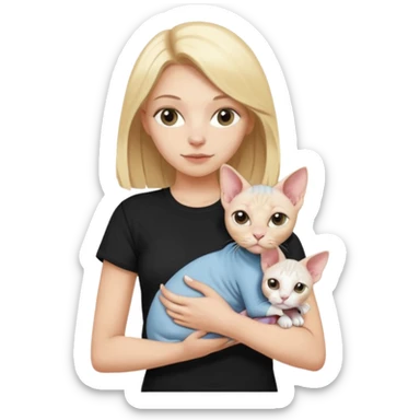 A white girl with blonde hair black T-shirt is holding a white Sphynx cat in her arms sticker