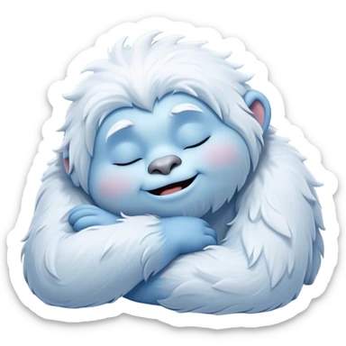 Meme-Worthy Cute Sleeping Yeti Portrait Emoji, with a charming, fluffy, snow-dusted figure in gentle whites and cool blues, head resting in blissful, serene slumber with closed, peaceful eyes and a small, contented smile, simplified yet irresistibly adorable, highly detailed with a soft frosty outline that captures the tender drowsiness of a yeti drifting into snowy dreams! sticker
