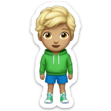 Kid with a green puma hoodie And blue shorts And blonde hair sticker
