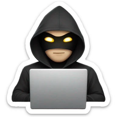 hooded masked man with a laptop and bright glowing white eyes  sticker