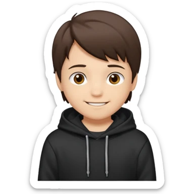 A brunette boy, short straight hair, light brown eyes, with a black sweatshirt with a hoodie, and smile  sticker