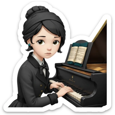 female pianist 20 years old, sad, antique hairstyle, head wrapped twice with a narrow black ribbon. Dark, thick hair in a rough knot. sits playing the piano, half-torn buttons on coat and torn gloves sticker
