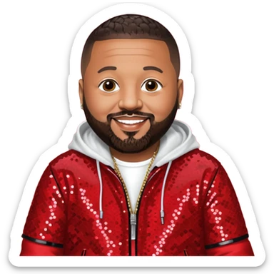 DJ Khaled with dark brown hair, red sequin outfit sticker