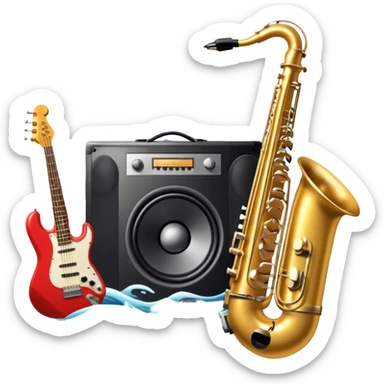 Icon for R&B Music Listening: large concert speakers and headphones with waves of musical notes coming out, along with drums, bass guitar and saxophone. The icon should convey the energetic and rhythmic vibe of R&B music. Transparent background sticker
