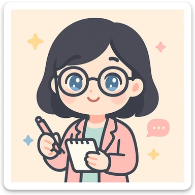 young woman journalist with black hair, blue eyes, and glasses, holding a notepad and pen, looking attentive and ready to take notes, kawaii style sticker