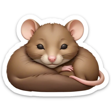 Meme-Worthy Cute Sleeping Brown Rat Portrait Emoji, Head resting peacefully with a contented smile, showcasing a compact, nimble build and a luxuriously soft brown coat, eyes gently closed in serene, restful slumber, Simplified yet hilariously adorable features, highly detailed, glowing with a soft, drowsy light, high shine, relaxed and utterly lovable, stylized with an air of playful laziness, soft glowing outline, capturing the essence of a sleeping rat that feels destined to become the next viral sensation of adorable urban rest! sticker
