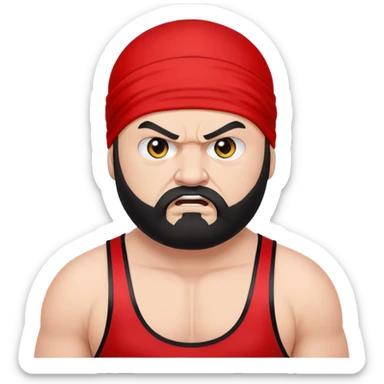 White skin fat guy with black durag, black beard, black eyes in a red and black wrestling singlet with angry face sticker
