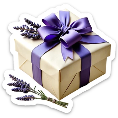 A weathered parchment-wrapped gift, secured with a lavender silk bow, lies nestled among dried sprigs of violet and indigo-hued lavender, their scent mingling with the faint trace of aged paper. A few stray ribbons, in shades of wisteria and dusk, cascade over the edges, whispering of quiet elegance and old-world charm.
 sticker