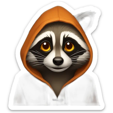 brown raccoon with orange eyes and a dark green hood that smile sticker