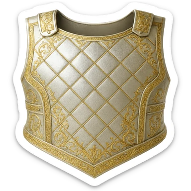 Recolor this armor to a very light metallic silver color with ornate gold engravings. Emphasize a bright, reflective silver finish and detailed gold engravings. Transparent background. sticker