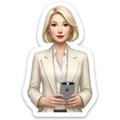 pale skin woman with ash blonde Straightened bob Hair, White Spacious classical jacket, beige palazzo Arrow pants and gray blouse holding white IPhone 15 pro in the hands sticker