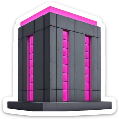 Nighttime scene of a Russian concrete panel building, dark gray rectangular structure against night sky, one window with intense bright pink UV grow light glowing in the darkness sticker