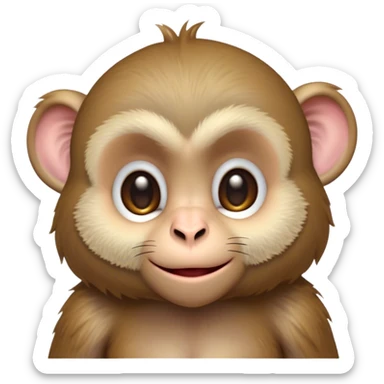 Cinematic Cute Macaque Portrait Emoji, Head tilted playfully and inquisitively, with a charmingly mischievous face accented by soft, fuzzy fur and round, sparkling eyes filled with curiosity, Simplified yet irresistibly adorable features, highly detailed, glowing with a warm, friendly glow, high shine, affectionate and lively, stylized with a touch of primate whimsy, bright and endearing, soft glowing outline, capturing the essence of a playful macaque that seems as if it could jump out of the screen into your arms! sticker