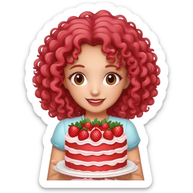 Hasme una chica rizada sosteniendo en sus manos un pastel de fresas y que diga happy birthday y que su cuerpo llega solo hasta la cintura  sticker