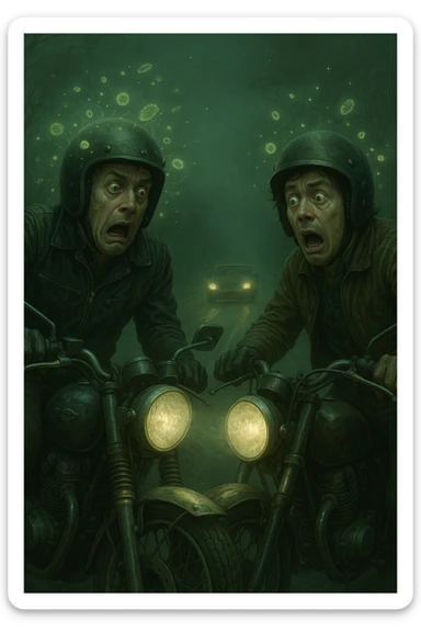 motociclisti spaventati perchè stanno per avere incidente a causa dell'infezione Toxoplasma che altera le loro menti sticker