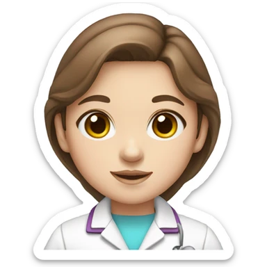 White young girl with brown hair and blue eyes wearing a rainbow pharmacist coat sticker