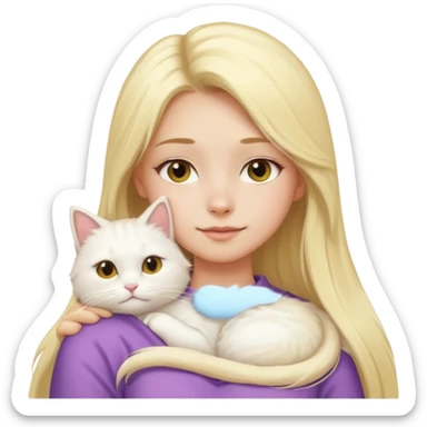 a girl with long blonde hair and a white fluffy cat lying on her left shoulder and neck, emoji style, suitable for Discord and Slack sharing sticker