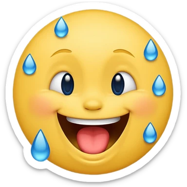 Emoji, yellow round laughing hysterically face, with blue tears of joy on it.  sticker