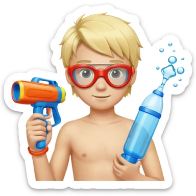 Blond 18 year old boy, wearing swim goggles and holding a water gun sticker
