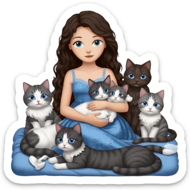 detailed realistic looking a dark grey and white cat regally laying with six other cats, cuddling with their owner in bed who is a pretty bratz lightly tanned white girl with long dark brown hair, blue eyes and gorgeous long wavy hair wearing a pretty detailed dress sticker