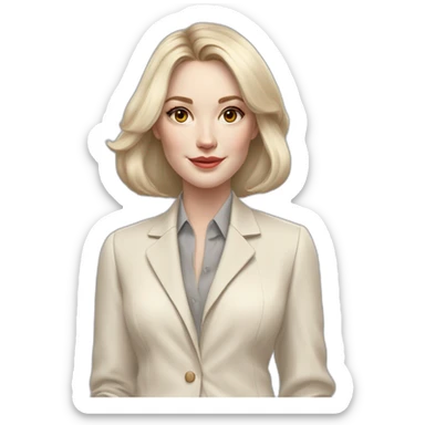 pale skin woman with ash blonde Straightened bob Hair, White Spacious classical jacket, beige palazzo Arrow pants and gray blouse holding RAL colour palette in the hands sticker
