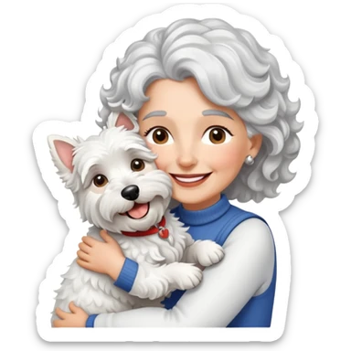 Single silver-haired with curly hair 60-ish lady smiling and hugging only ONE westie dog sticker