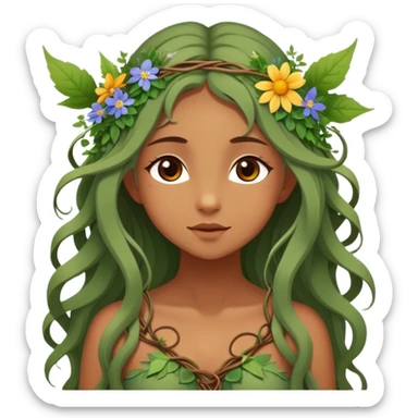 Cinematic Realistic Forest Nymph Fairy Portrait, depicted with lifelike, sun-kissed tanned skin that radiates an earthy glow, softly illuminated by natural, dappled light. Her long, flowing hair is intricately detailed and interwoven with delicate vines and wildflowers, while her deep, soulful eyes mirror the wisdom of the forest. Dressed in an attire inspired by nature’s palette—with subtle botanical motifs—the portrait exudes a soft, enchanted glow that melds realism with woodland magic. sticker