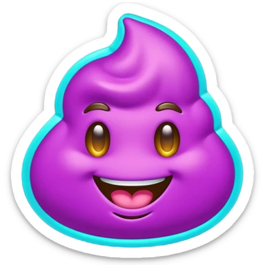 futuristic glowing poop emoji with funny smiling face, purple and cyan neon glow, dark background sticker