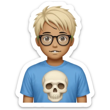 anime hair guy with skeleton makeup. wearing a stussy tshirt with glasses sticker