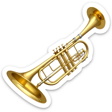 Create a refined emoji representing a trombone. The design should feature a gleaming trombone with its characteristic sliding mechanism and bell. Add musical notes flowing around the instrument to evoke its sound in a band or orchestra setting. Use gold, brass, and silver to highlight its professional appearance. The background should be transparent. sticker