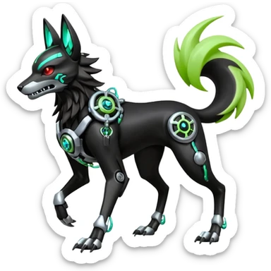 Hyper realistic skeletal black and neon green futuristic shiny colorful mechanical bioluminescent cyber-Cyborg-Poochyena-Lycanroc-Zorua-Litten-Houndoom-Fakémon-Pokémon-Digimon-hybrid-fusion (full body) with a skull face sticker