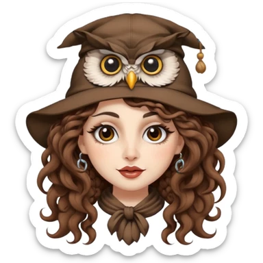 portrait woman long curly brown hair brown eyes white skin tattoos wearing owl hat oversized, playful wink sticker