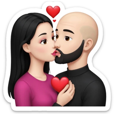 👩🏻‍❤️‍💋‍👨🏻 this one but the man should be bald. white woman with long black hair and white bald young man whoitiut hair and a heart between their heads. she has pink lips and both have brown eyes. he has e full beard but short. both wear black. they kiss slowly sticker