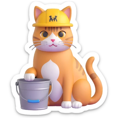 cute cat with a shiny metal bucket on its head, sitting, looking confused sticker