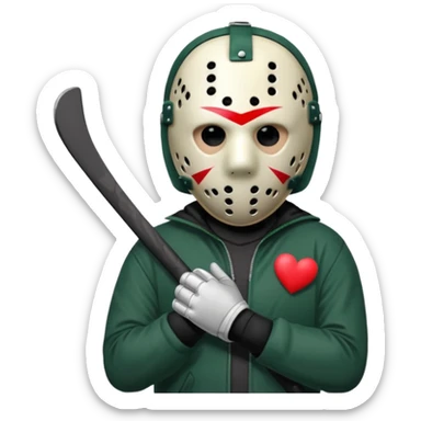 a cartoon image of Jason Voorhees, looking cute, with his hands clasped in front of him, at a sideways angle, looks like he is in love sticker