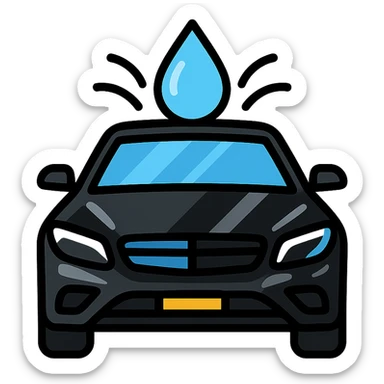 full high-end vehicle icon with glossy black mirror-like paint, strong mirror-like reflections and shine on the surface, water droplet sliding on the hood or roof, subtle repellent effect with water lines moving away, modern and clean style sticker