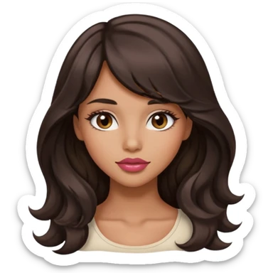 beautiful girl with black wavy long hair and side-swept bangs, tan skin, rose-coloured lips and hazel eyes who looks like a model sticker