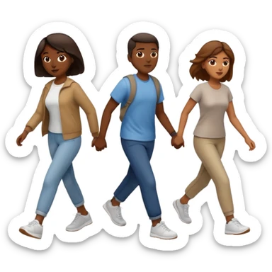 iOS emoji style - a dark men and 2 brown women in casual clothes and wearing trainers. Walking in the same direction quickly together. 
Not holding hands. No backpacks. 
 sticker