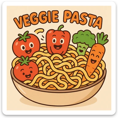 veggie pasta with bright colors, cartoon style, smiling vegetables, fun and playful sticker