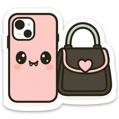 pink and black gothic phone case, kawaii style, big eyes, cute fangs, playful, cartoonish, matches gothic purse sticker