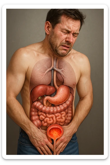 Vertical, hyper-realistic 3D cutaway illustration: uomo con difficoltà con cistite e problemi  sticker