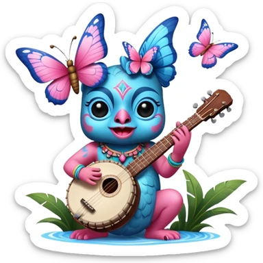 Pixar style little Blue and pink tiki singing with a butterfly and playing a banjo, ultra detailed and lifelike imagery, realistic sticker