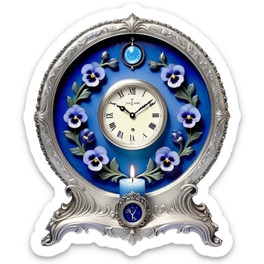 An enchanting, mystical setting where blue pansies, tinged with streaks of light blue, bloom beneath a radiant silver crescent moon. A pearl-colored candle stands on an ornate silver plate, its wax melting into swirling patterns resembling planetary orbits. The background features an astrological clock, its delicate hands tracing cosmic cycles as faint zodiac constellations shimmer against a twilight sky. Floating celestial charts inscribed with ancient symbols weave through the air, illuminated by the soft blue glow of distant stars. A mystical aura surrounds the scene, as if whispering secrets of destiny and the universe’s grand design. sticker